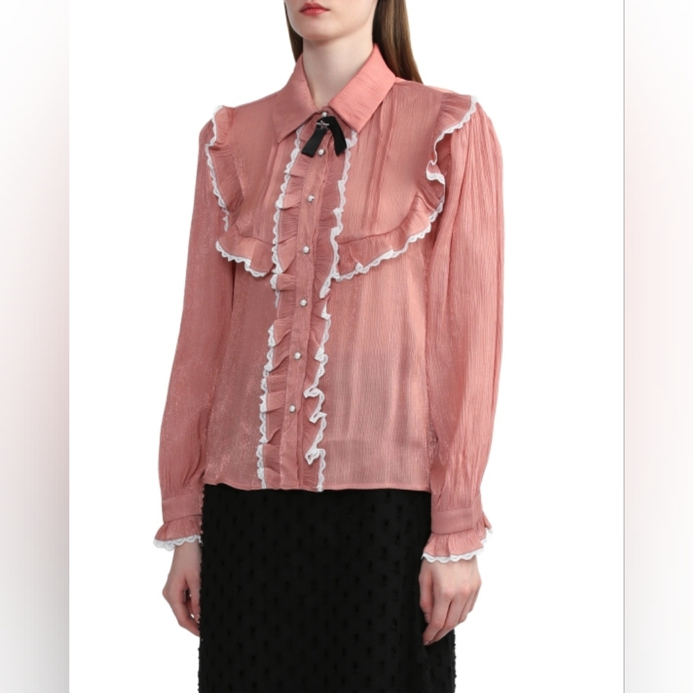 Sister Jane Ruffled Textured Pinned On Bow Pink Shiny Glittered Size Medium